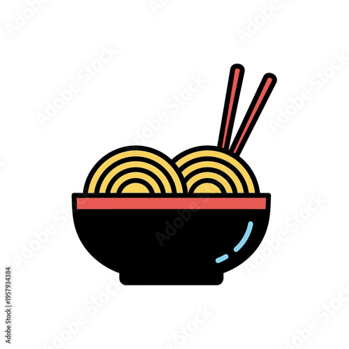 A simple, stylized illustration of a black bowl filled with yellow noodles and red chopsticks resting on top.