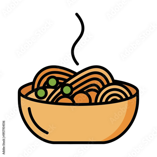 A steaming bowl of delicious spaghetti with green peas, presented in a simple, warm-toned ceramic dish.