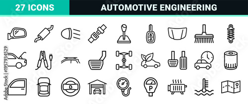 Automotive Engineering and Smart Mobility Minimalist Monoline Line Art Outline Symbols for Transportation Management and Vehicle Repair.