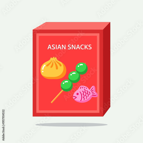 A red box of Asian snacks featuring a dim sum, a skewer of green mochi balls, and a pink fish-shaped cracker.