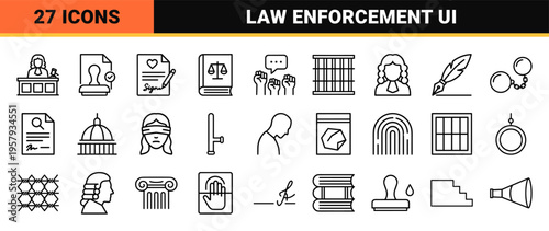 Justice and Law Enforcement Outline Icons: Minimalist Monoline Symbols for Legal Systems, Criminology, and Judicial Procedure Analysis