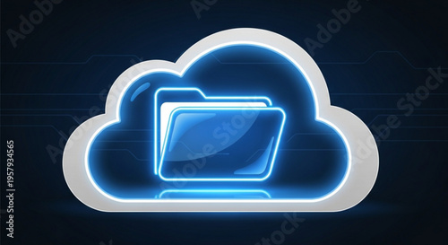 Neon cloud storage icon with blue folder on dark background for technology and data storage concepts