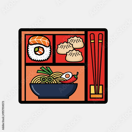 A vibrant illustration of a Japanese bento box filled with delicious food items including sushi, dumplings, and ramen noodles.
