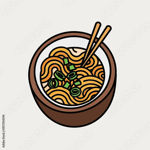 A delicious bowl of ramen noodles with chopsticks resting on top, garnished with green onions.