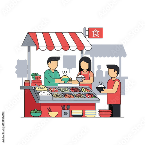 A vibrant illustration depicts a bustling street food stall with a vendor serving customers a variety of dishes from a colorful buffet.