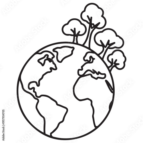 Minimalist line art drawing of planet Earth with lush trees growing from the surface, symbolizing global reforestation, environmental protection, and sustainable green living concepts.