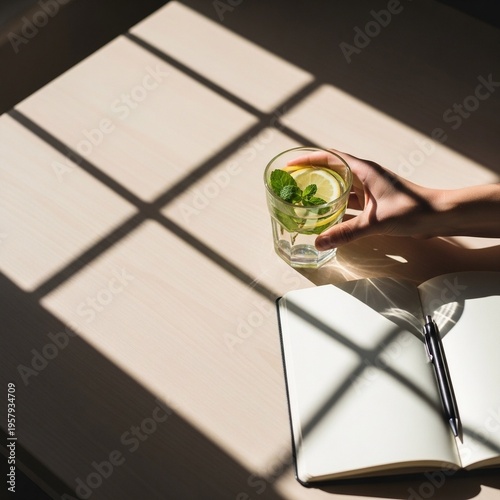 Minimalist workspace with lemon water and notebook, productivity and wellness concept