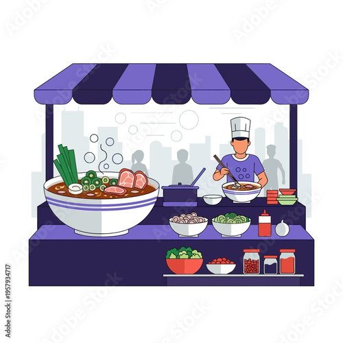 A chef prepares a steaming bowl of ramen at an outdoor food stall, with various ingredients displayed.
