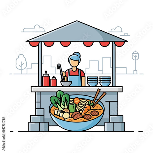 A vibrant illustration of a street food stall serving a large, appetizing bowl of ramen with various toppings and a vendor preparing it.