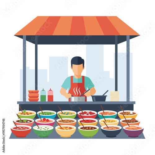 A street food vendor prepares a variety of colorful dishes at an outdoor stall, showcasing a diverse culinary offering.