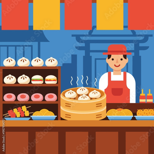 A cheerful vendor stands behind a food stall filled with steaming dumplings, noodles, skewers, and other delicious street food items.