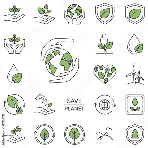 Comprehensive set of ecology and environmental protection line icons featuring symbols for sustainability, green energy, and conservation on a clean white background with minimalist green accents.