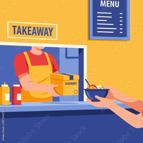 A person in an apron hands a takeaway food box to a customer at a counter with a menu above.