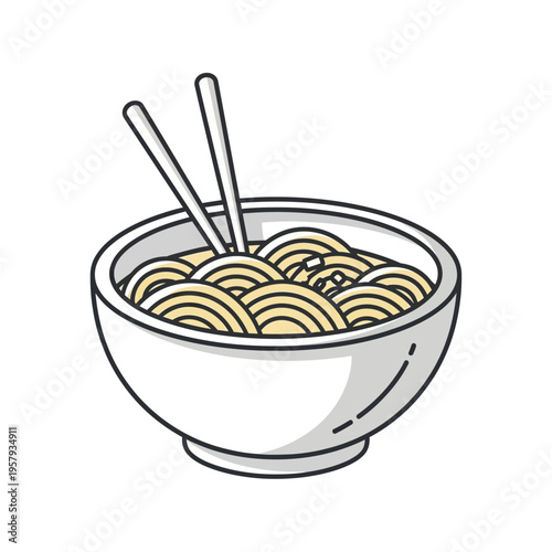 A simple, clean illustration of a white bowl filled with delicious-looking noodles, with chopsticks resting on top.