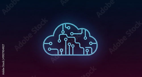 Neon cloud computing circuit board network illustration on dark gradient background