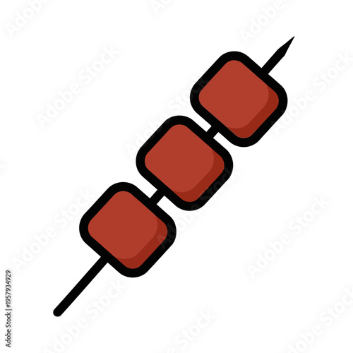 A simple, stylized illustration of three square pieces of meat skewered on a thin metal rod, presented against a plain white background.