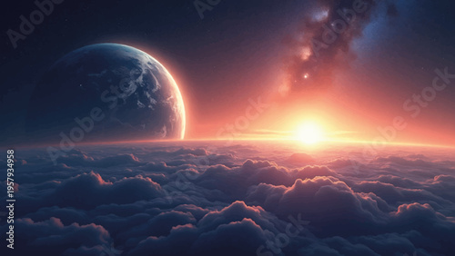 Vector sunset above clouds with planet and galaxy background