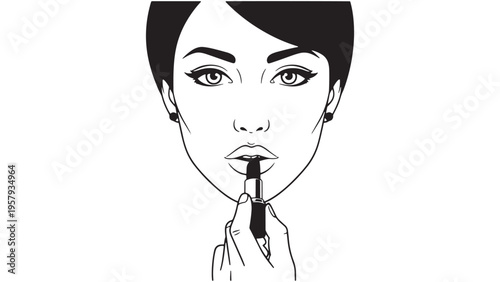 Close Up Of Woman Applying Lipstick Representing Makeup Detail, Cosmetic Product Use And Beauty Enhancement Vector Illustration