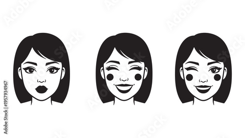 Female Face Expressions Set Representing Beauty Emotions, Makeup Variations And Cosmetic Appearance Vector Illustration