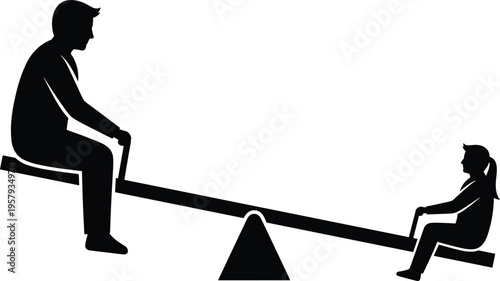 Silhouette of children playing seesaw on playground, boy and girl balancing on teeter totter, childhood fun outdoor activity concept