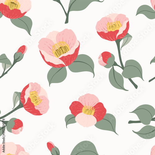 Seamless Camellia Flower Pattern Vector, Soft Pink and Red Floral Botanical Background