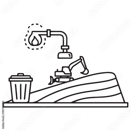Landfill gas extraction system illustration featuring an excavator on a waste mound and a methane capture pipe, representing sustainable waste-to-energy management in a clean line art style.