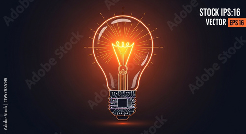 Glowing light bulb with electronic circuit board base on dark background symbolizing innovation and ideas