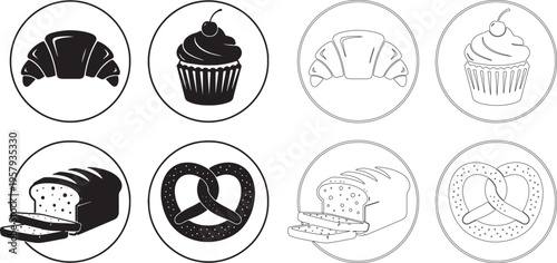 Flat black and white bakery silhouettes