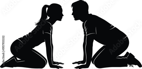 Silhouette of man and woman kneeling face to face, romantic couple moment, love relationship concept, intimate connection illustration