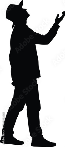 Silhouette of man praying with raised hands and head up, spiritual worship faith devotion concept, religious belief illustration