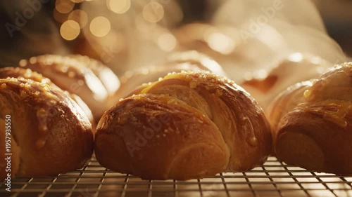 Golden Brioche Rolls Freshly Baked and Cooling on a Wire Rack