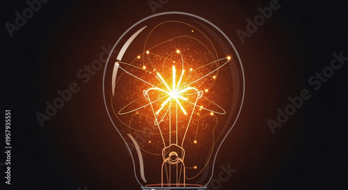 Glowing light bulb with bright starburst and sparks inside on dark background symbolizing ideas and innovation