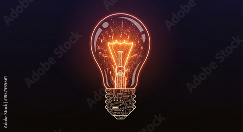 Glowing orange light bulb with bright filament on dark background symbolizing creativity and innovation ideas