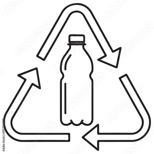 Minimalist black and white line art icon of a plastic water bottle enclosed within a triangular recycling arrow symbol, representing sustainable waste management and eco-friendly branding.