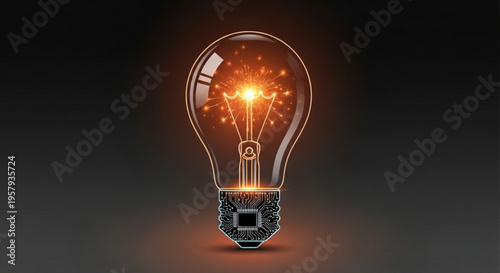 Glowing light bulb with bright orange filament and sparks on dark background symbolizing creativity and innovation