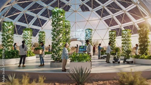 Diverse people cultivating crops in futuristic vertical farm biodome