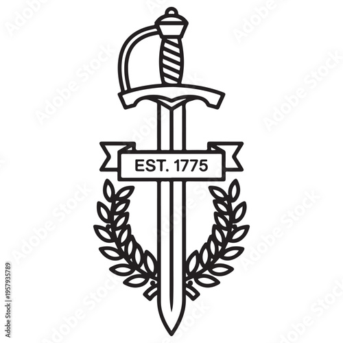 Minimalist black and white line art of a military saber sword featuring a laurel wreath and a banner with EST. 1775 text, representing historical military heritage, honor, and tradition.