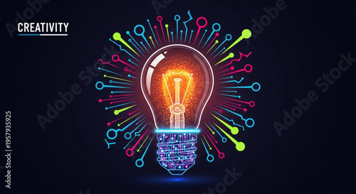 Vibrant light bulb with colorful sparks and glowing filament against dark background symbolizing creativity and innovation