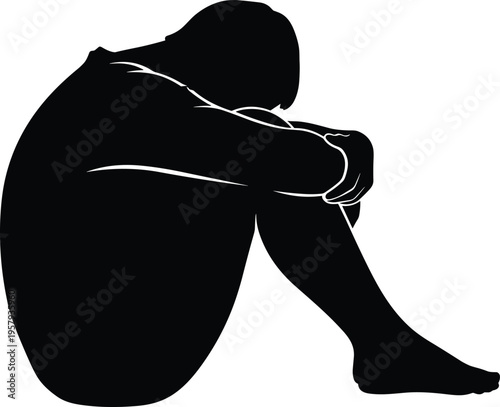 Silhouette of sad depressed person sitting alone with head down and arms around knees, mental health struggle concept illustration