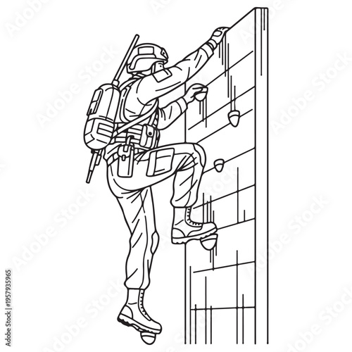 Tactical soldier in full combat gear and helmet scaling a vertical training wall with handholds during a military obstacle course exercise, clean black and white line art illustration.