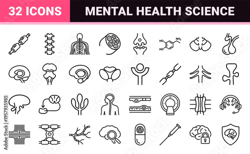 Neuroscience and Neurology Minimalist Monoline Line Art. Professional Medical Science Geometric Outline Symbols for Healthcare Design.