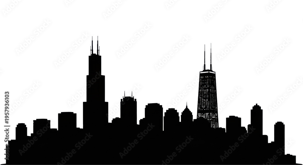 Obraz premium detailed black vector silhouette of the chicago skyline featuring willis tower and tribune tower, isolated on a transparent background with negative copy space. concept of urban identity and