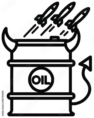 Oil barrel with devil horns and missiles symbolizing war, pollution, energy conflict, and corporate greed.