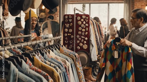 Diverse customers browsing clothing racks in a vibrant vintage store