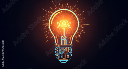 Glowing light bulb with circuit board base and bright orange rays on dark background symbolizing innovation and ideas