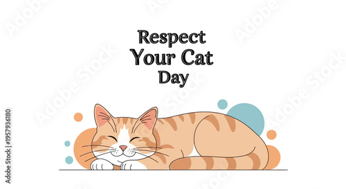An adorable orange tabby cat sleeps peacefully with closed eyes on Respect Your Cat Day against a clean white background with colorful dots.