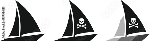 pirate sailboat silhouette vector, nautical ship illustration, skull flag design, ocean adventure symbol, sea transport icon, minimalist boat graphic