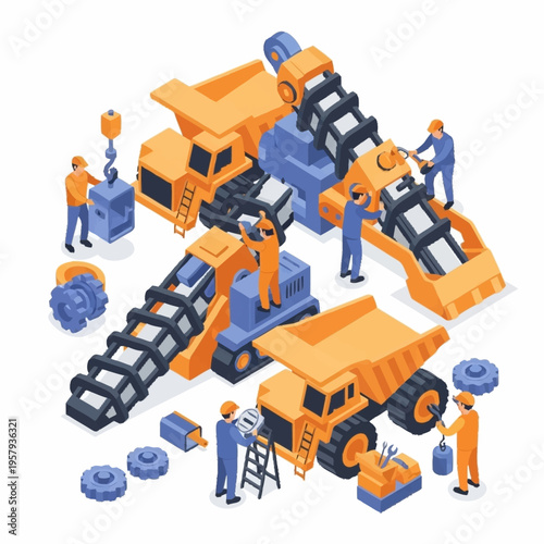 Construction Site Assembly of Heavy Machinery and Vehicles.