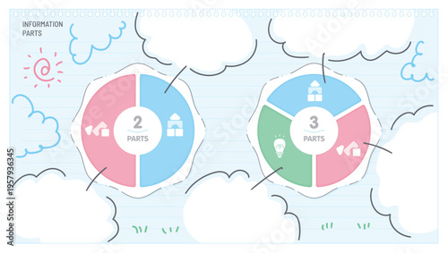 Infographic Template for Education and Business Data Visualization with 2 and 3 Parts Circular Charts Cloud Background Vector