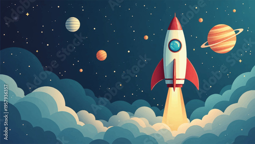 Vector illustration of rocket launching into space with planets and clouds